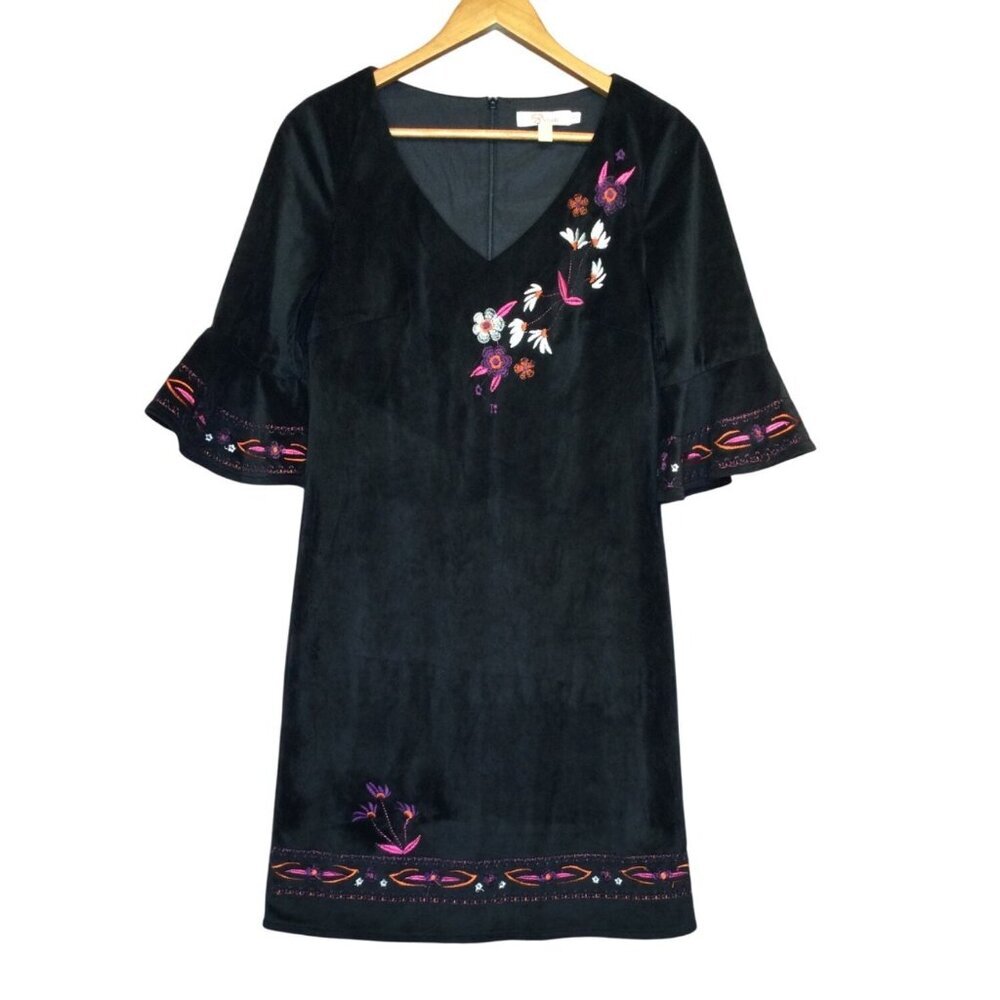 Aryeh Black Velvet Embroidered Bell Sleeve Dress Size S Whimsigoth Dark Coquette